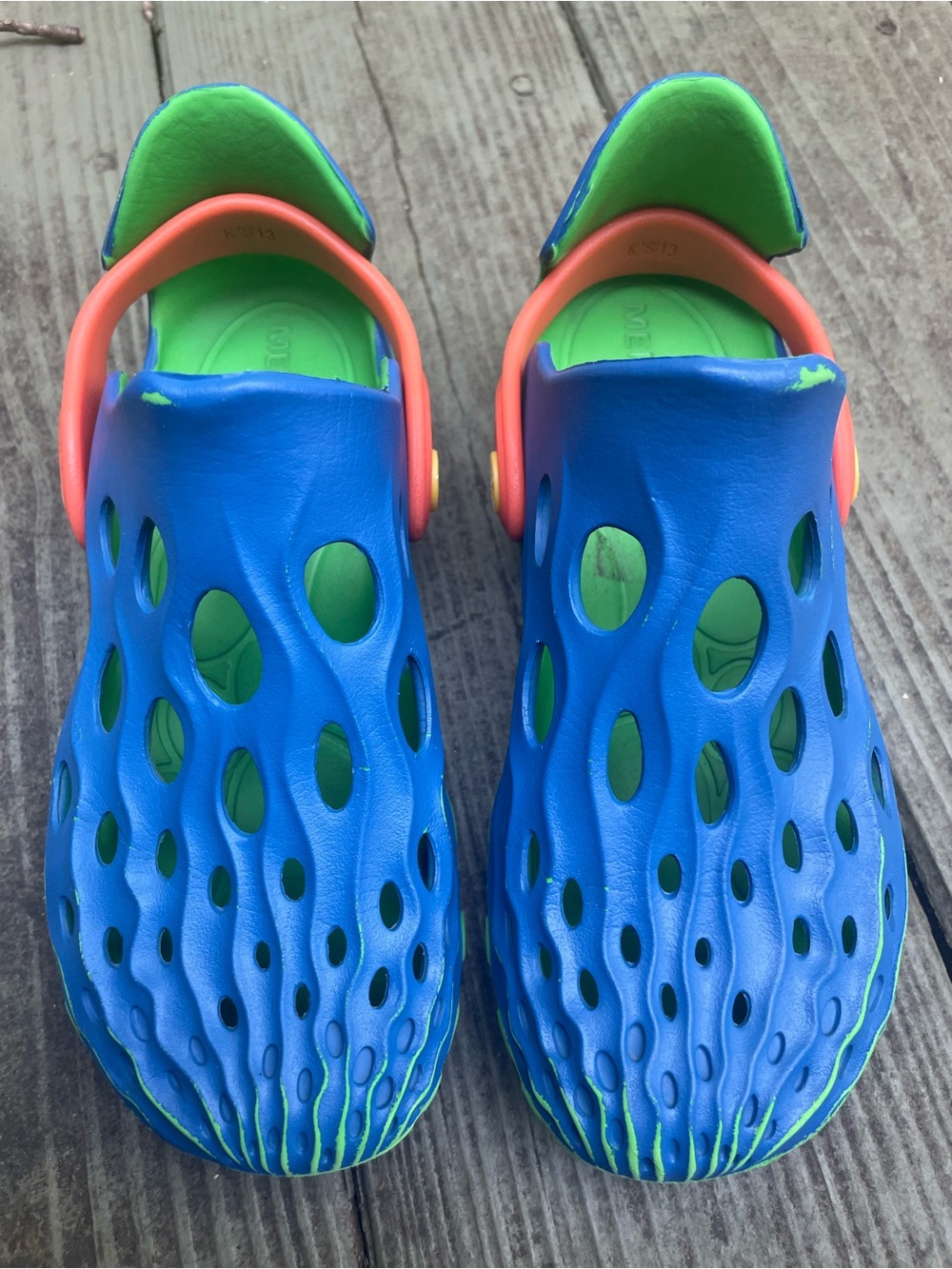 Merrell Kids Blue and Green Ventilated Water Clog with Orange Strap 13